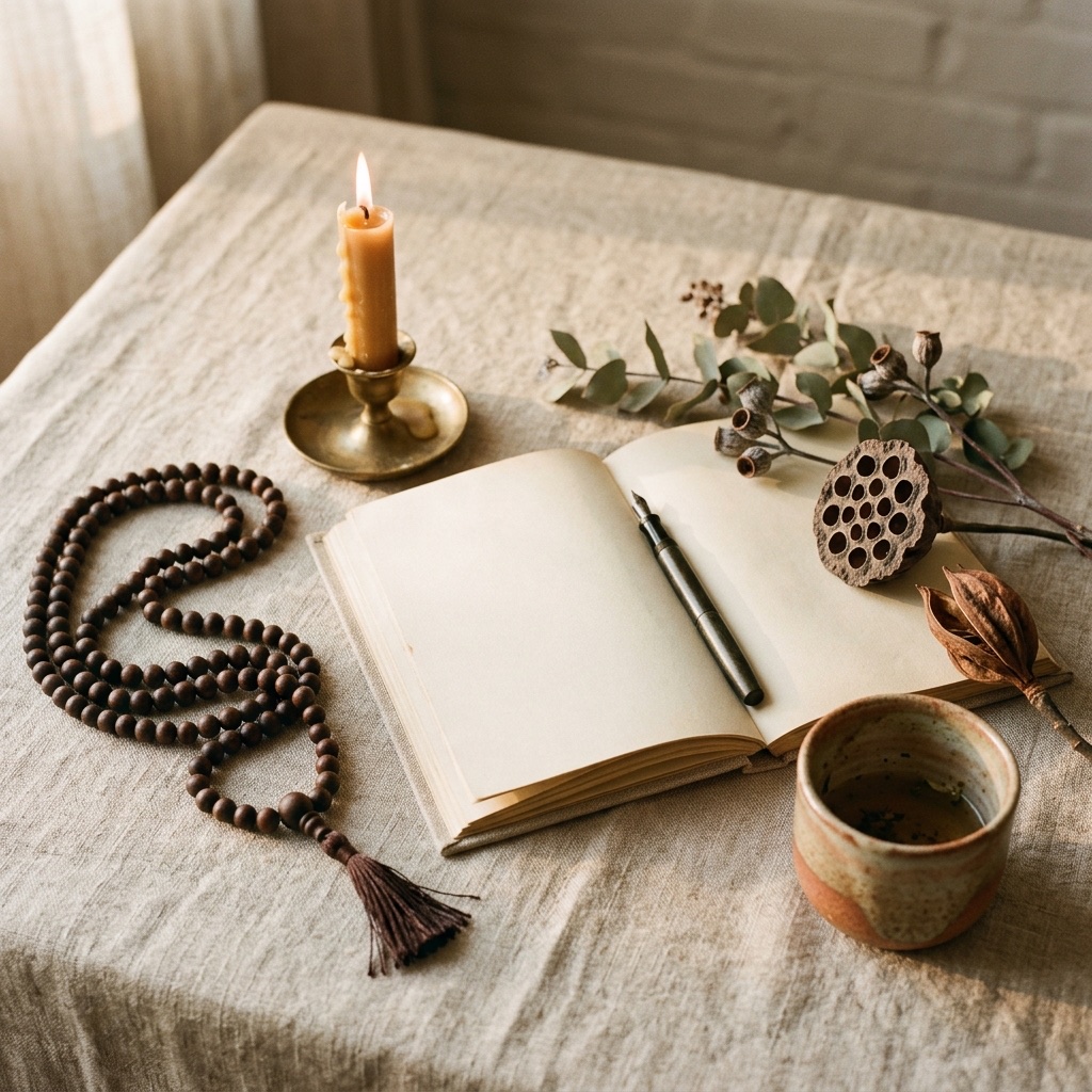 A quiet altar on linen — mala beads, a lit beeswax candle, an open journal, dried eucalyptus and a lotus pod beside a ceramic cup