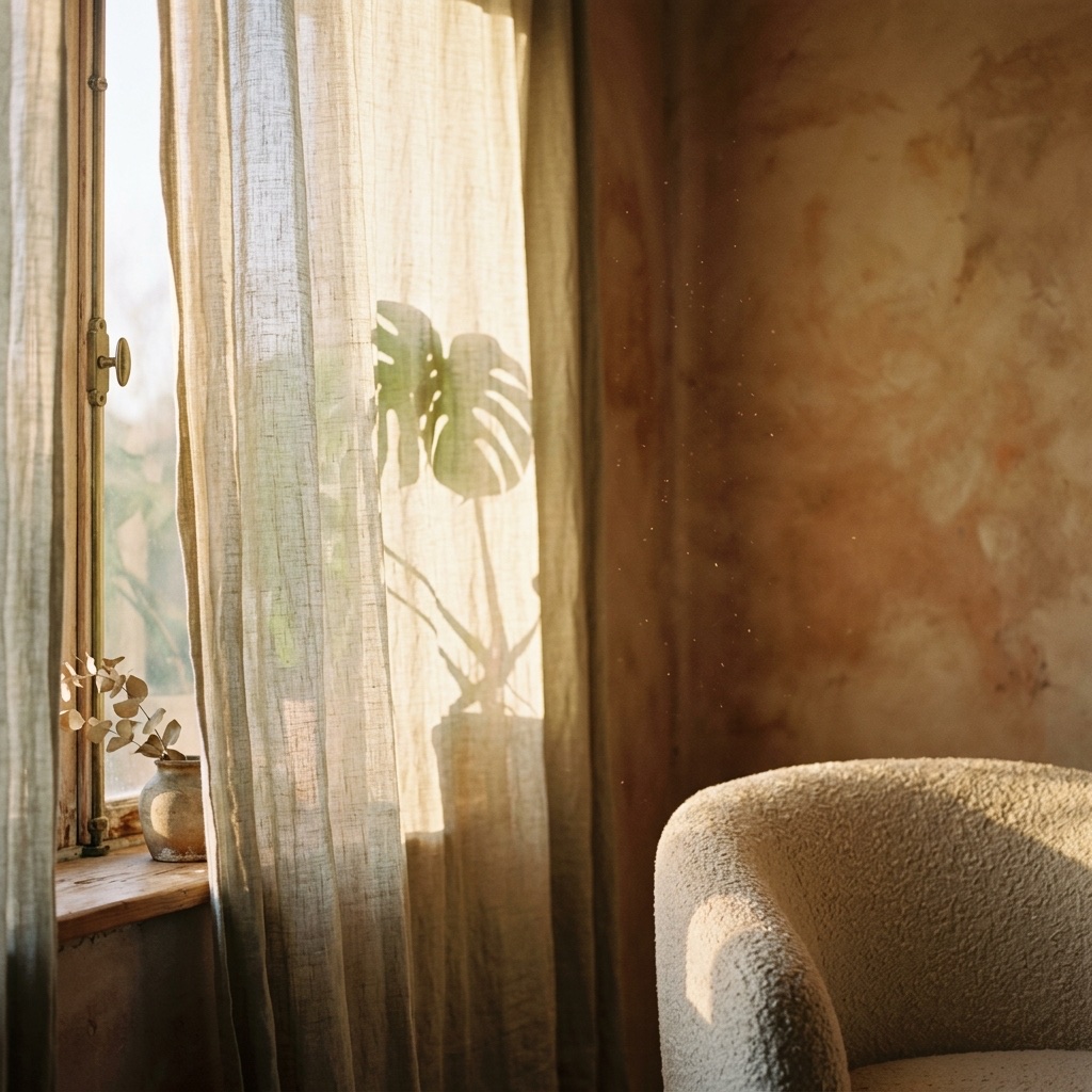 A hushed clay-plaster room in golden light — sheer linen curtains glowing, a monstera's shadow on the wall, the edge of a cream bouclé chair, and a dried botanical on the sill.